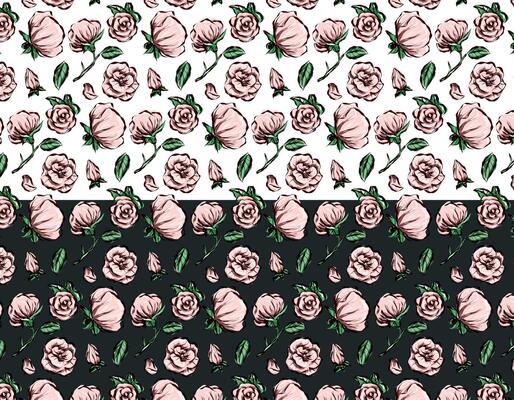 Set of rose patterns isolated line art doodle with leaf element, vector flower design drawn with ink. Floristry, flowers, flowers of love.  Tile with Flower rose.