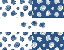 Set of seamless vector pattern with blue sea shells. Hand drawn vintage sketch of engraving elements. Marine background. Can be used for packaging, paper, wallpaper. Vector graphics for print.