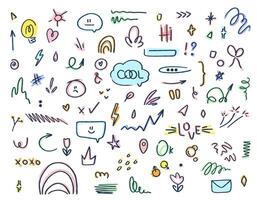 A set of simple hand-drawn decorative illustrations. Thumbnail underline, emphasis, tooltips, icons, arrows and shapes. Vector illustration isolated on white background.