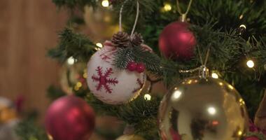 Closeup of toy balls hanging on christmas tree video