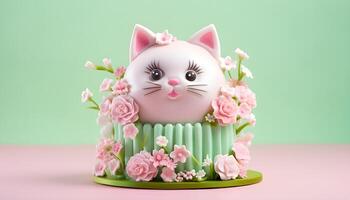 AI generated Cake decorated with the face of a cute cat. photo