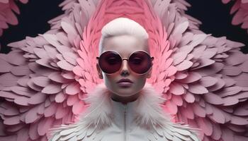 AI generated Young woman wearing sunglasses and a futuristic suit with wings. photo