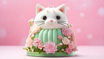 AI generated Cake decorated with the face of a cute cat. photo