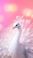 AI generated White peacock on blurred pink background photo