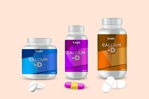 Multi vitamin label sticker design and natural calcium food supplement bottle packaging, capsule or tablet bottle jar label vitamin oil product print ready vector eps 10.