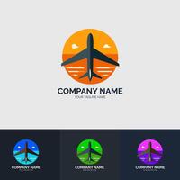 A black airplane logo within a circle with a sunset and ocean below it. The logo is repeated below in blue, green, and purple variations. vector