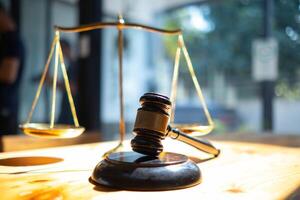 A judge gavel is prepared in the courtroom to be used to give a signal when the verdict is read after the trial is completed. Concept judge gavel is prepared to symbolize the decision in a court case. photo