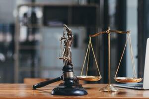 A judge gavel is prepared in the courtroom to be used to give a signal when the verdict is read after the trial is completed. Concept judge gavel is prepared to symbolize the decision in a court case. photo