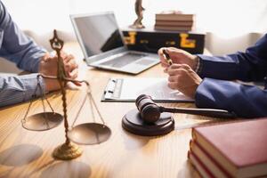 A judge gavel is prepared in the courtroom to be used to give a signal when the verdict is read after the trial is completed. Concept judge gavel is prepared to symbolize the decision in a court case. photo