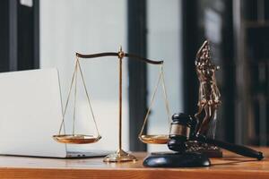 A judge gavel is prepared in the courtroom to be used to give a signal when the verdict is read after the trial is completed. Concept judge gavel is prepared to symbolize the decision in a court case. photo