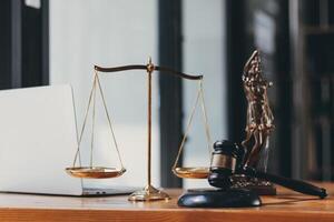 A judge gavel is prepared in the courtroom to be used to give a signal when the verdict is read after the trial is completed. Concept judge gavel is prepared to symbolize the decision in a court case. photo