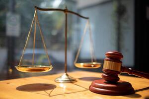 A judge gavel is prepared in the courtroom to be used to give a signal when the verdict is read after the trial is completed. Concept judge gavel is prepared to symbolize the decision in a court case. photo