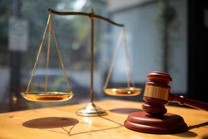 A judge gavel is prepared in the courtroom to be used to give a signal when the verdict is read after the trial is completed. Concept judge gavel is prepared to symbolize the decision in a court case. photo