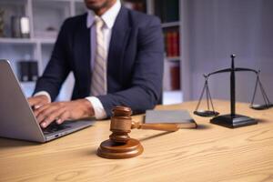 A judge gavel is prepared in the courtroom to be used to give a signal when the verdict is read after the trial is completed. Concept judge gavel is prepared to symbolize the decision in a court case. photo