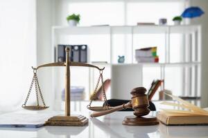 A judge gavel is prepared in the courtroom to be used to give a signal when the verdict is read after the trial is completed. Concept judge gavel is prepared to symbolize the decision in a court case. photo