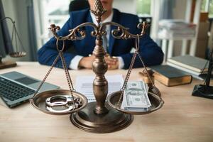 The concept of defendants in serious cases bribing officials involved in court decisions to change the course of case by giving bribes to facilitate the Lawyer team and prosecutors. bribery concept photo