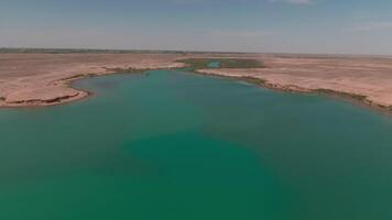 Blue lake in the middle of desert, drone aerial video