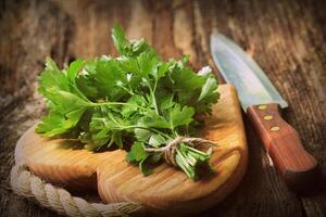 Fresh organic parsley with knife on wooden cutting board. Macro with shallow dof photo