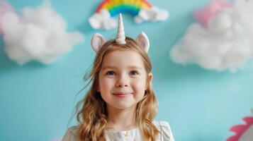 ai generado un joven niña tiene divertido jugando en su pensamientos vestir venda como unicornio ,chica con nube y arco iris popular arriba encima su cabeza . foto