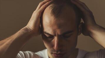 AI generated Hair loss man studio shot , stressed man , bald man . photo