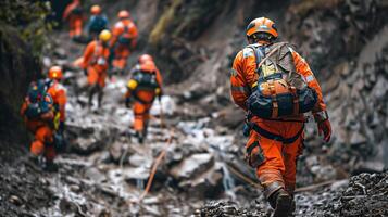 ai generado rescate equipo en rescate operación desde deslizamiento de tierra situación .buscando para desaparecido persona ,ayuda lesionado personas . foto