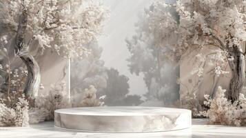 AI generated Marble Rock podium for product showcase with Fantasy natural scene . photo