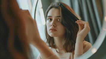 ai generado joven mujer mirando dentro espejo preocupado acerca de pelo , pelo pérdida problema . foto