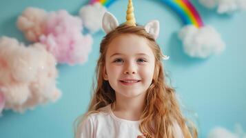 ai generado un joven niña tiene divertido jugando en su pensamientos vestir venda como unicornio ,chica con nube y arco iris popular arriba encima su cabeza . foto