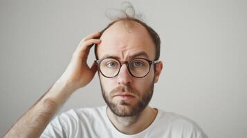 AI generated Hair loss man studio shot , stressed man , bald man . photo