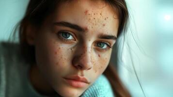 ai generado Adolescente niña tener acné problema , facial piel problemas . foto