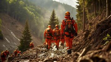 AI generated Rescue team in rescue operation from landslide situation .Searching for missing person ,help injured people . photo