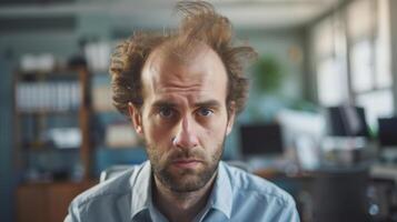 AI generated Stressed businessman got hair loss , thin hair . Hair problem . photo