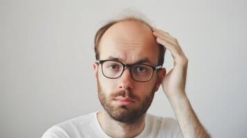 ai generado pelo pérdida hombre estudio Disparo , estresado hombre , calvo hombre . foto