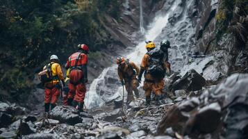 ai generado rescate equipo en rescate operación desde deslizamiento de tierra situación .buscando para desaparecido persona ,ayuda lesionado personas . foto