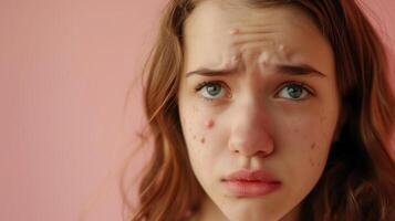 ai generado Adolescente niña tener acné problema , facial piel problemas . foto