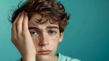 AI generated teenage boyhave acne problem , Facial skin problems . photo