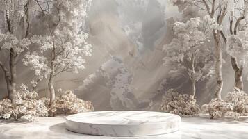 AI generated Marble Rock podium for product showcase with Fantasy natural scene . photo