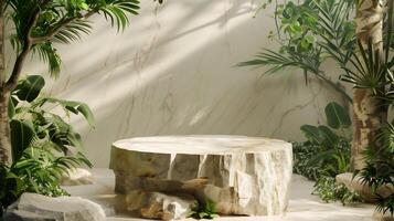 AI generated Marble Rock podium for product showcase with Fantasy natural scene . photo