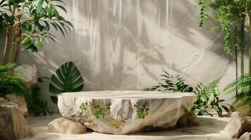 AI generated Rock podium for product showcase with Fantasy natural scene . photo