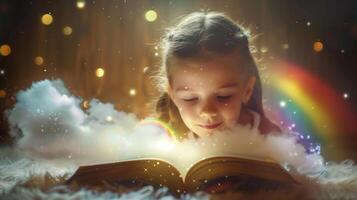 ai generado un joven niña leyendo libro de cuentos con imaginación ,chica con nube y arco iris popular arriba encima su cabeza . foto