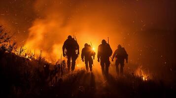 AI generated wildfire rescue team and firefighter in rescue operation .Searching for missing person ,help injured people . photo