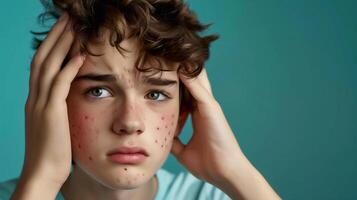 AI generated teenage boyhave acne problem , Facial skin problems . photo