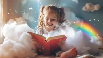 AI generated A young girl reading storybook with imagination ,girl with cloud and rainbow pop up above her head . photo