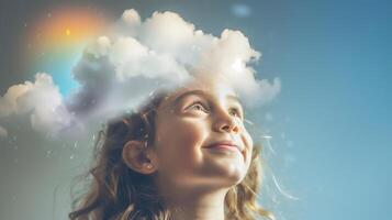ai generado un joven niña tiene divertido jugando en su pensamientos Sueños y creatividad ,chica con nube y arco iris popular arriba encima su cabeza . foto