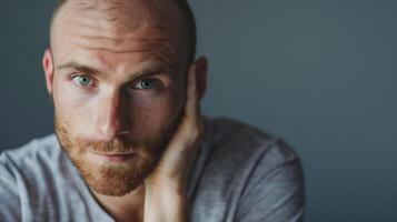 AI generated Hair loss man studio shot , stressed man , bald man . photo