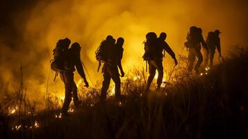 ai generado fuego fatuo rescate equipo y bombero en rescate operación .buscando para desaparecido persona ,ayuda lesionado personas . foto