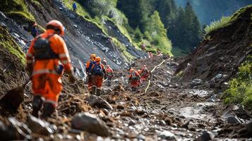 ai generado rescate equipo en rescate operación desde deslizamiento de tierra situación .buscando para desaparecido persona ,ayuda lesionado personas . foto