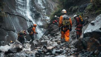 AI generated Rescue team in rescue operation from landslide situation .Searching for missing person ,help injured people . photo