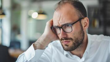 AI generated Stressed businessman got hair loss , thin hair . Hair problem . photo