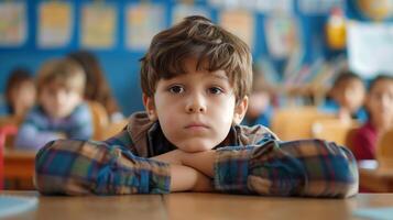 ai generado cansado chico ,estresado chico en salón de clases , problemas en adolescentes . foto